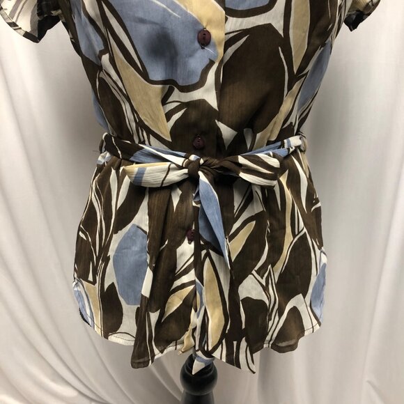 Studio 1940 Top Womens Size Small Brown Blue Sheer Short Sleeve Belted Blouse - Picture 3 of 7